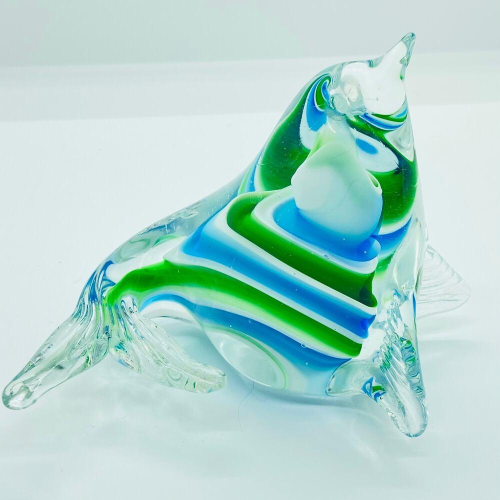 Art Glass Sea Lion Blue Green Clear Ocean Sea Life Paper Weight Office Decor
